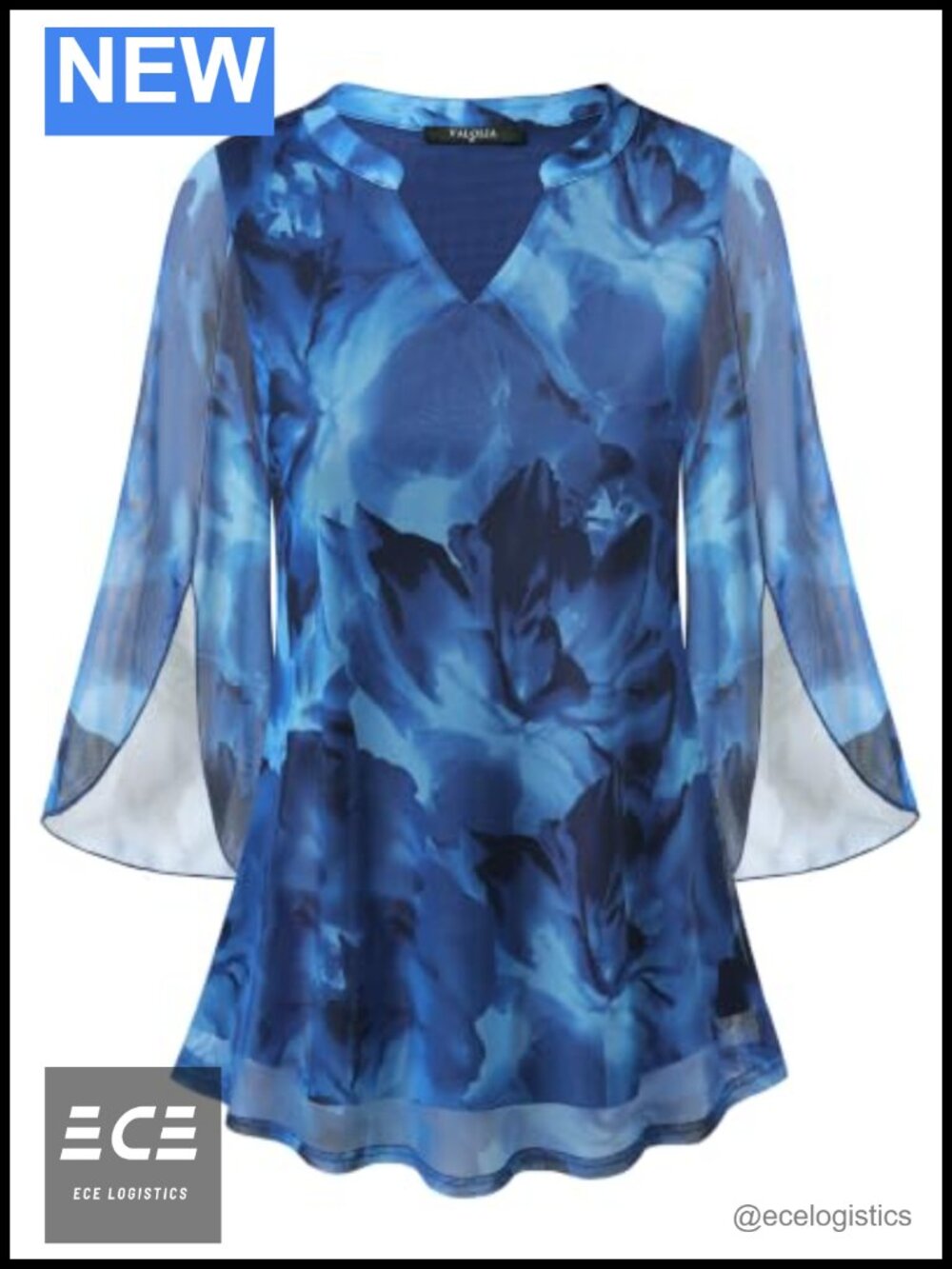 Women's 3/4 Sleeve Floral Tunic Top V Neck Double Layer Mesh Blouse